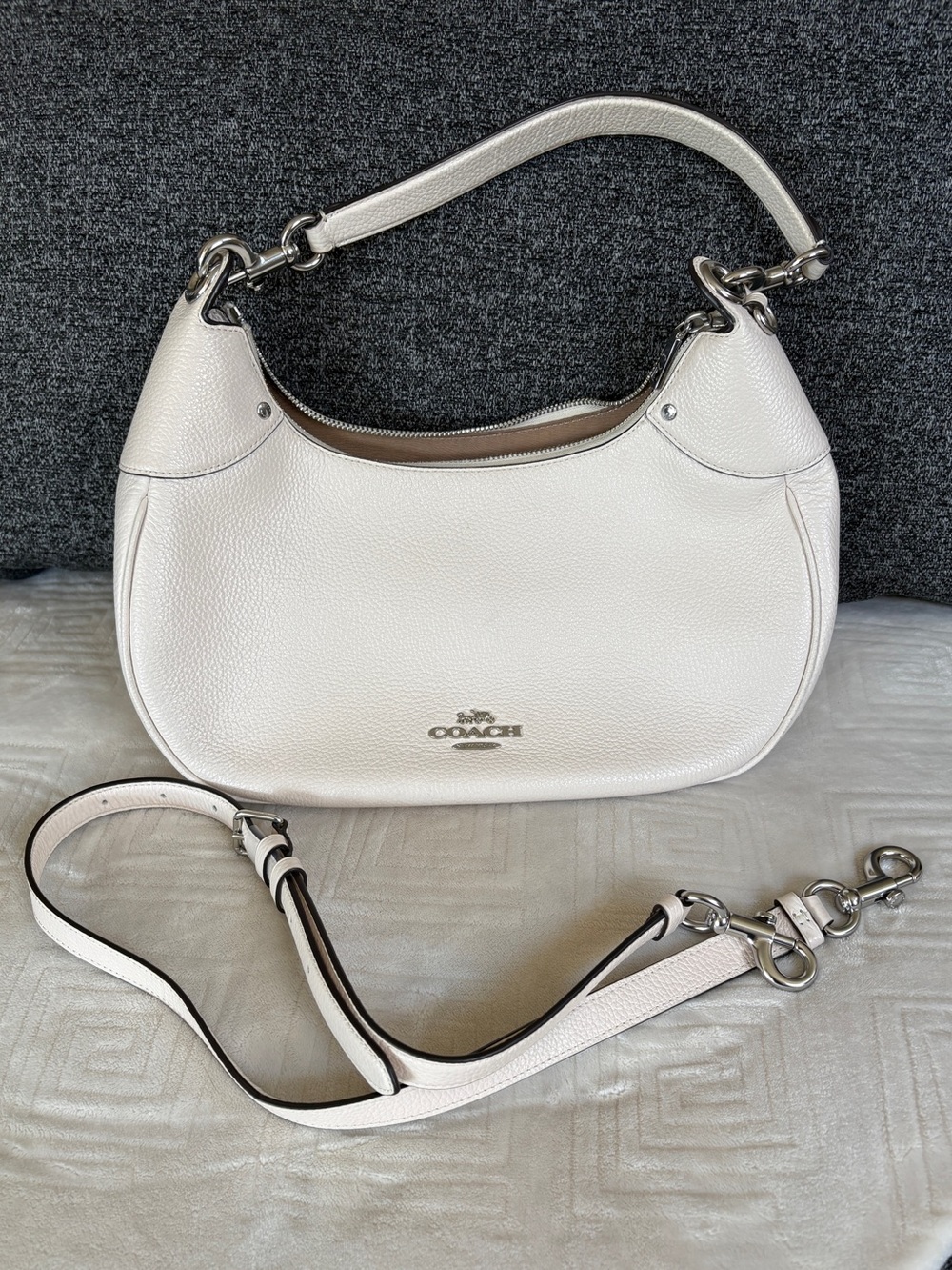 Coach White Pebbled Leather Shoulder Bag with Detachable Strap